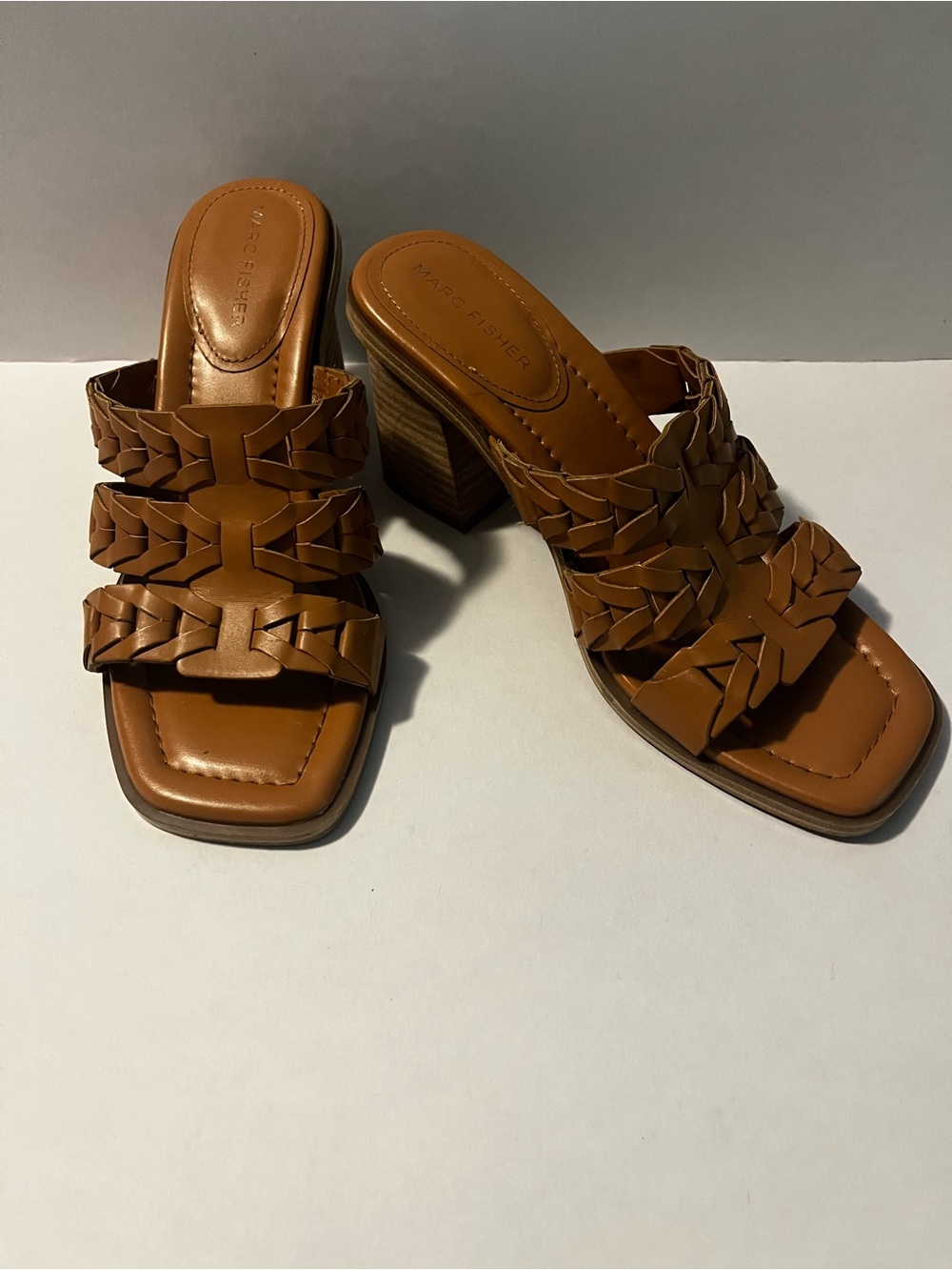 Marc Fisher Tan Woven Leather Block Heel Mules 7M